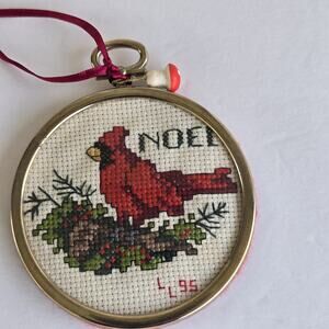 Vintage Completed Cross Stitch Ornament Red Cardinal 3.5" Diameter Handmade 95